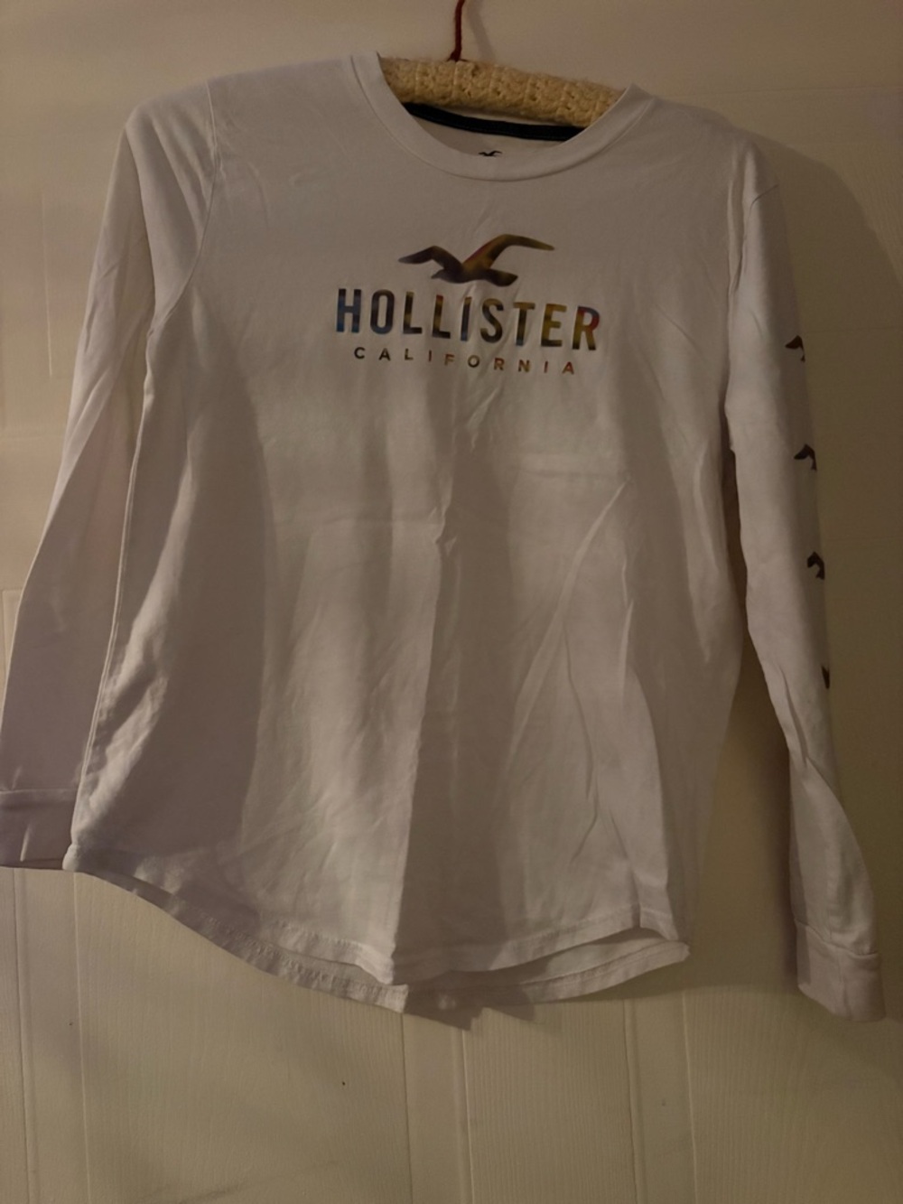 Hollister White Long-Sleeve Tee with Holographic Logo